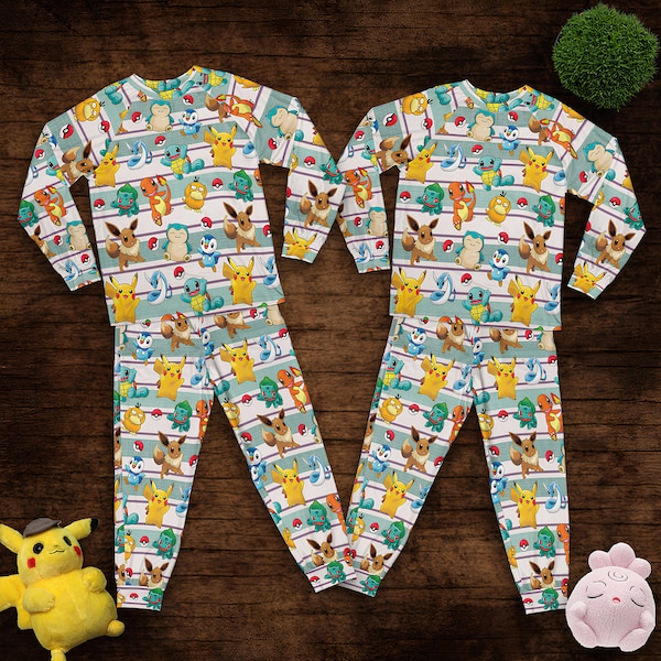 PKM Pajamas Set Summer, Pikachu Pajamas Set, Summer Vacation Pajamas Set, Family Pajamas Beach Shirt,Pajamas For Vacation