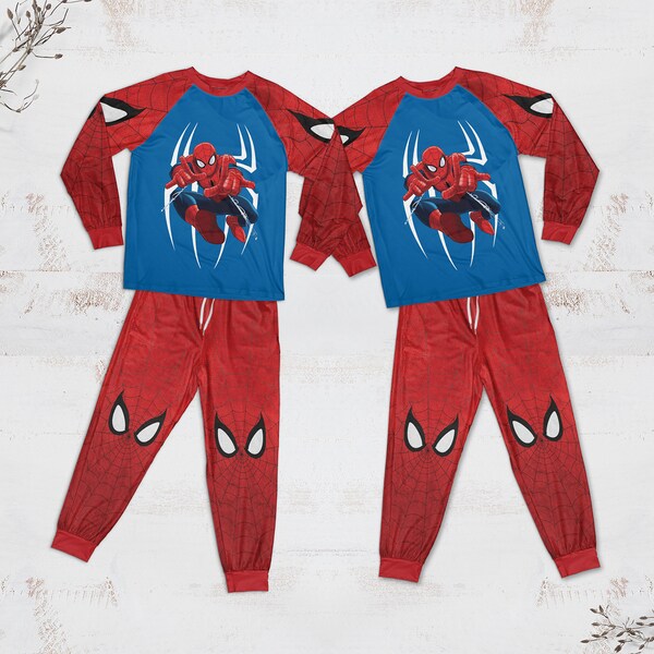 Ensemble pyjama rouge bleu, motifs araignées, pyjama familial, pyjama araignée pour enfants, pyjama super héros, cadeau pour enfants