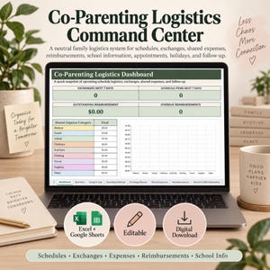 Coparenting Planner, Editable Excel Spreadsheet for Schedules and Shared Expenses
