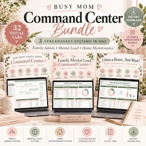 Pode incluir: Um pacote de centro de comando digital com três sistemas de planilhas para administração familiar, carga mental e manutenção doméstica. A exibição inclui três laptops mostrando painéis, uma caneca com texto e placas com flores.