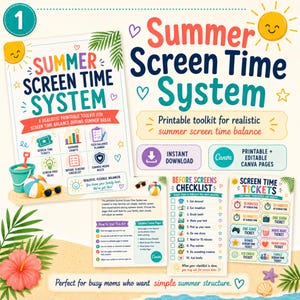 Könnte beinhalten: Ein druckbares Summer Screen Time System Toolkit mit bunten Grafiken von Strandeimer, Ball, Sonnenbrille und Hibiskusblüte. Das Dokument enthält eine Before Screens Checkliste, Screen Time Tickets und eine Anleitung.