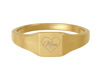 Anillo de sello con inicial en forma de corazón, regalo para el Día de la Madre / Acero inoxidable cuadrado grabado