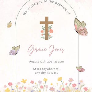 Plantilla de invitación para bautismo cristiano, invitación para bautizo cristiano, dedicación religiosa de bebés, enlace editable de Canva, descarga de versículo bíblico