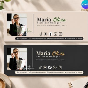 May include: Two rectangular email signature templates featuring a photo of a person in glasses and a blazer. The text reads Maria Olivia, Assistant Manager, with placeholders for skills, social media icons, phone number, email, and address in beige and black.