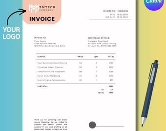 Invoice Template Canva, Editable Small Business Invoice & Receipt Template, Minimalist Billing Form, A4 Letter, Freelancer Instant Download