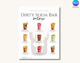 Plantilla de menú para bar de refrescos, cartel de menú de refrescos editable en Canva, menú imprimible para estación de bebidas, cartel para bar de refrescos, descarga instantánea, tamaño carta estadounidense y A4.