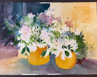 Bodegón floral en acuarela original firmado en 1986 por Denise Yorke Zuyus / Gran tamaño 30x22 Flores blancas en jarrones dorados / Botánica contemporánea