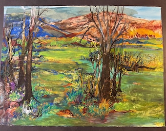 Original Aquarell Landschaft 30x22 cm signiert 1995 von Denise Yorke Zuyus, Zeitgenössische Naturkunst
