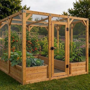Op de afbeelding: Een rechthoekige houten tuinomheining met een dak en wanden van gaas, een centrale draaideur met een zwarte grendel en geïntegreerde verhoogde plantenbakken met diverse groenteplanten zoals tomaten en bladgroenten.