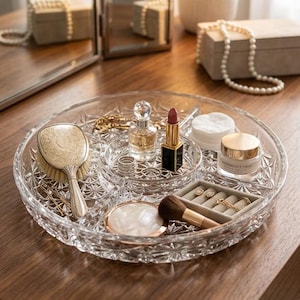 Vintage Veropa French Glass Relish Dish, Daisy Button Serving Tray, Luxhem Crystal Vanity Catchall