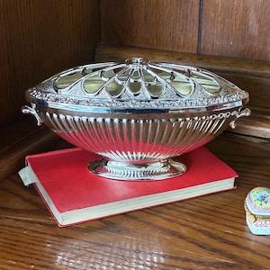 May include: A silver-toned oval flower frog bowl featuring a removable decorative metal lid with a petal-like cutout pattern. The bowl has a fluted body, a pedestal base, and small handles on each side, resting on a bright red rectangular book.