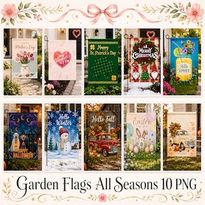 Può includere: Una collezione di dieci bandiere da giardino stagionali con vari temi festivi, tra cui la festa della mamma, San Valentino, San Patrizio, Natale, estate, Halloween, inverno, autunno, Pasqua e autunno, tutte esposte su supporti in metallo.