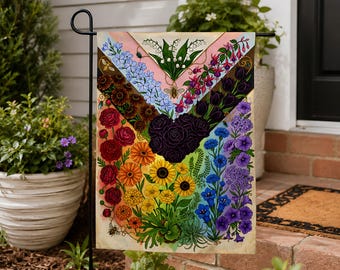 Bandera de jardín con diseño floral del progreso LGBTQ+ en formato PNG, bandera floral arcoíris imprimible, descarga digital sobre igualdad inclusiva.