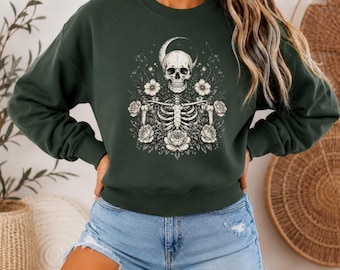 Skull Moon Floral Sweatshirt, Dark Cottagecore Aesthetic, Witchy Skeleton Graphic Top