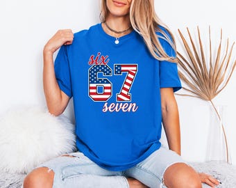 Ironic Tiktok Humor Top, Six Seven Meme Shirt, Gen Alpha Slang July 4th Present Bro, 67 American Flag Tee