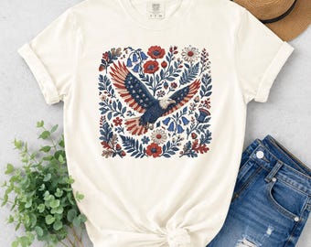 Comfort Colors Patriotic Eagle Shirt, Floral Americana Tee, July 4th Wildflower Top