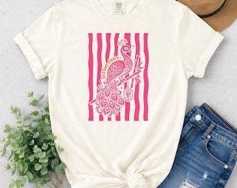 Comfort Colors Pink Peacock Shirt, Bird Lover Tee, Retro Boho Graphic Top