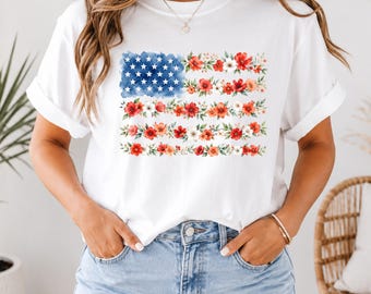 Comfort Colors floral American flag shirt, patriotic women top, july fourth tee