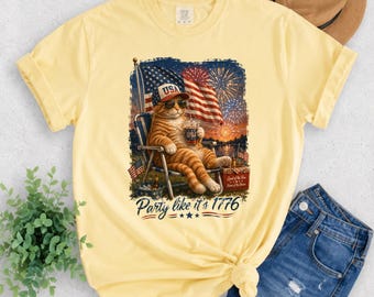 Comfort Colors funny cat shirt, 1776 patriotic tee, summer party top