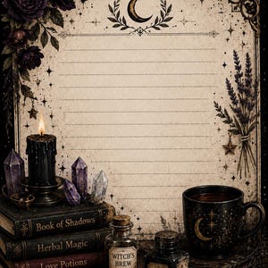 May include: An illustration of a witchy theme. A stack of books with titles like "Book of Shadows" and "Herbal Magic" is next to a lit candle, crystals, and a mug. Bottles labeled "Witch's Brew" and "Ink" are also present, along with a pen.