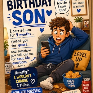 Puede incluir: Una tarjeta de cumpleaños con las palabras "Happy Birthday Son" en azul. La tarjeta presenta una ilustración de un joven mirando su teléfono, con burbujas de texto y otros gráficos. La tarjeta es de "Mamá".