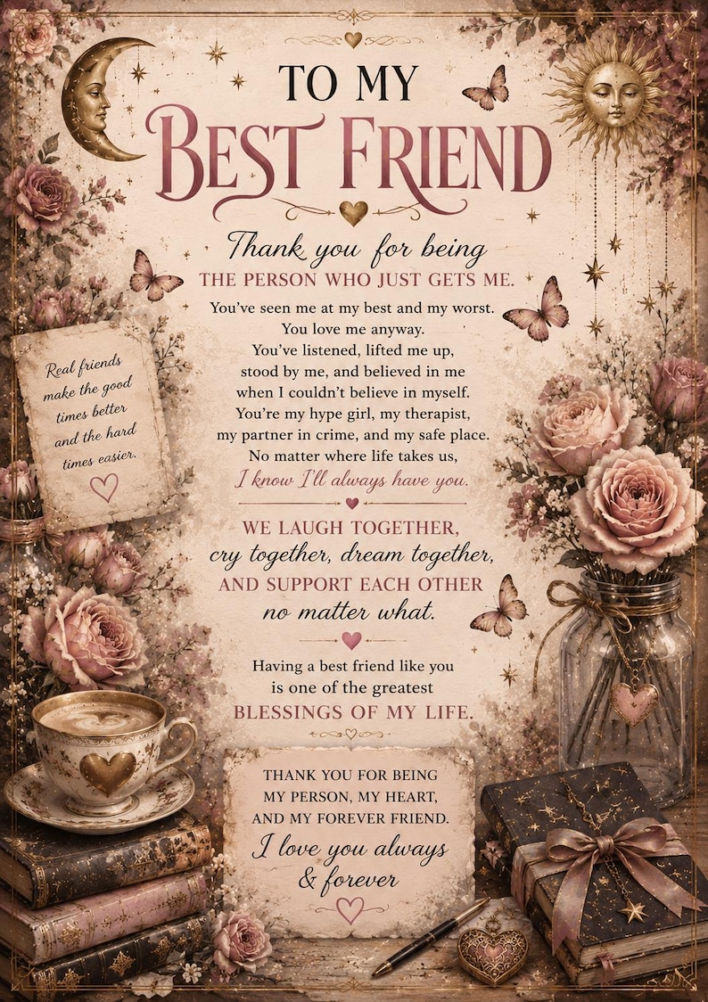 Sentimental Drawing Friend Sentimental Friend Card, Vintage Floral Friendship Greeting, Romantic ...