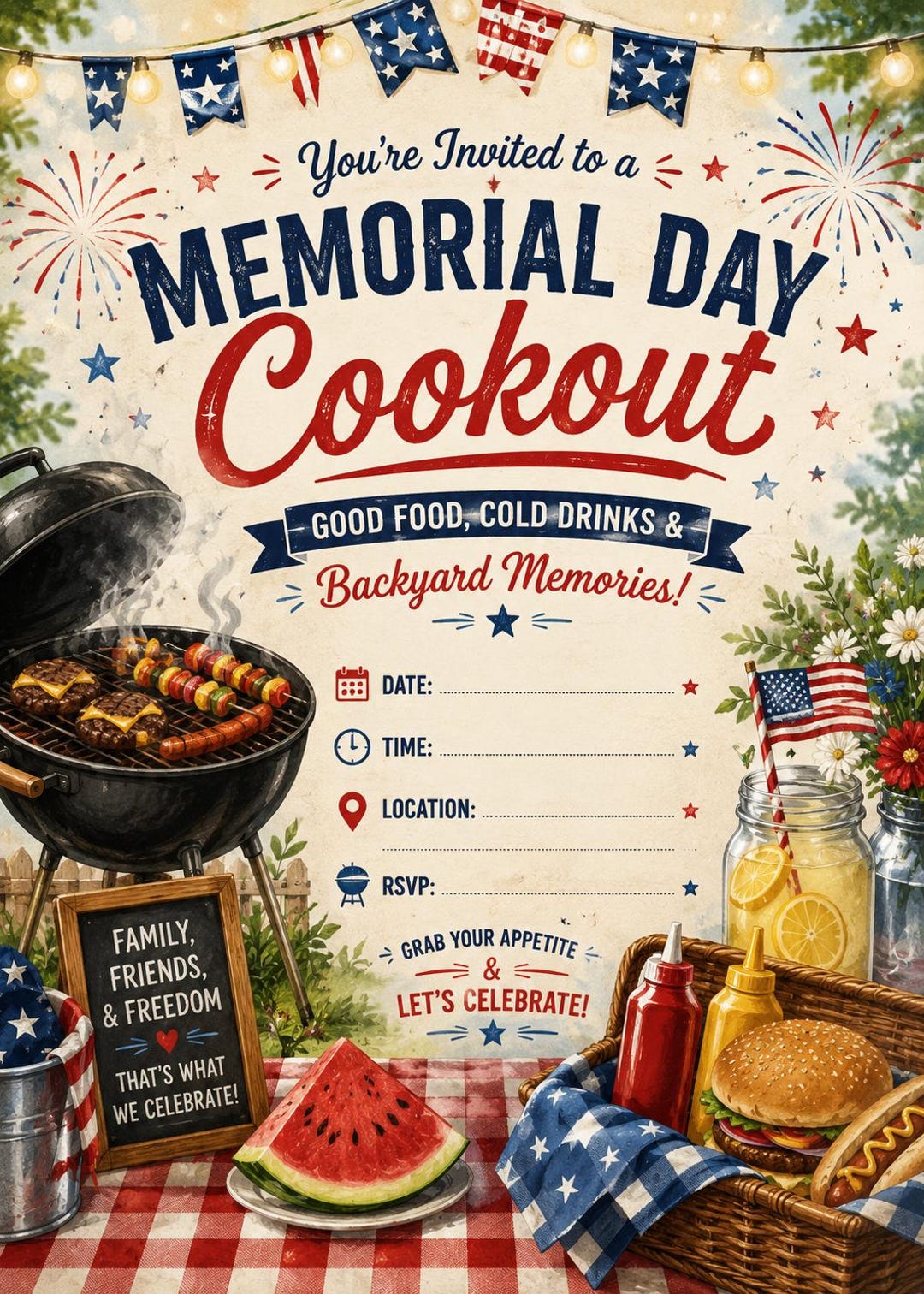 Memorial Day Cookout Invitation Printable, Patriotic BBQ Party Invite ...