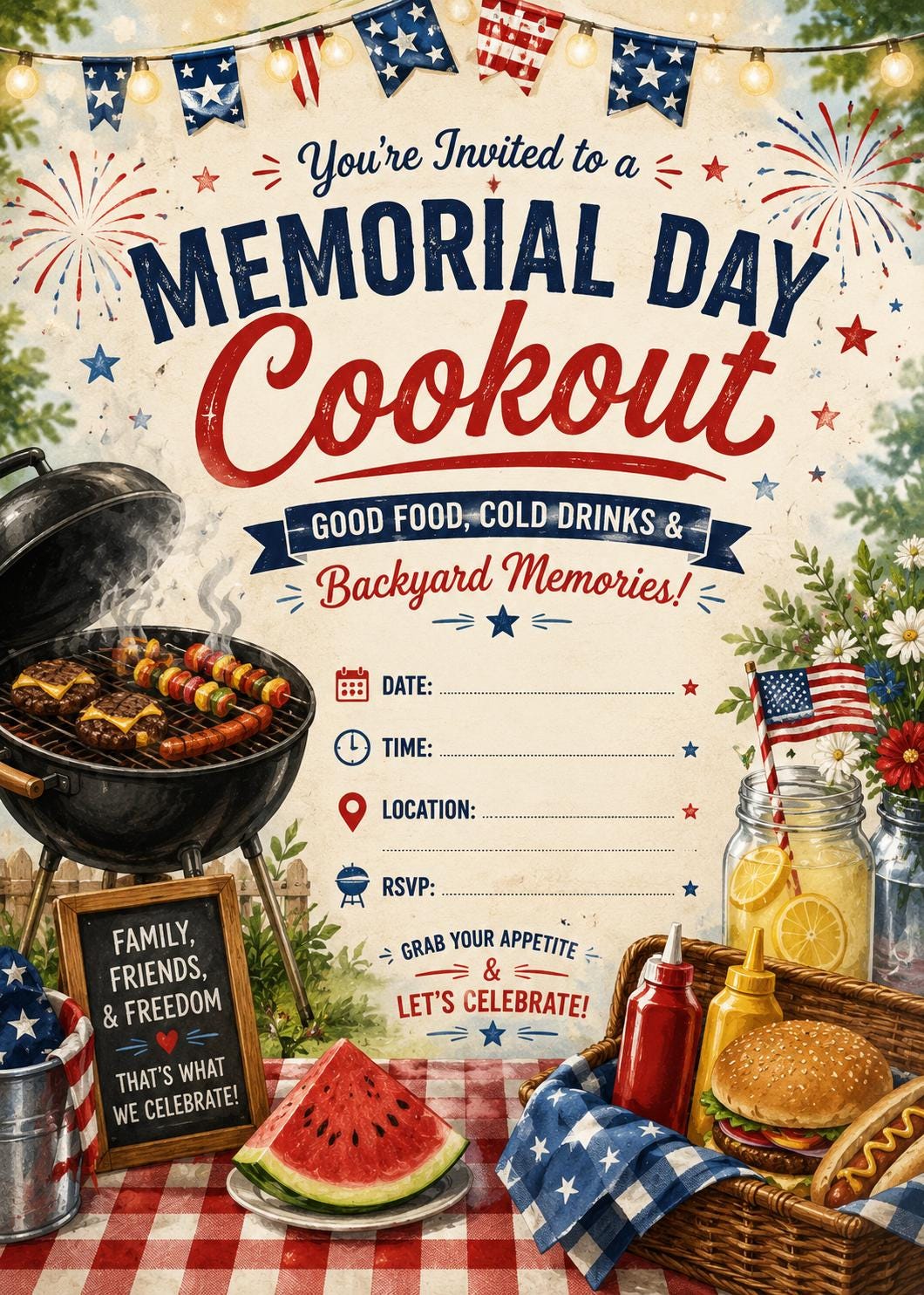 Memorial Day Cookout Invitation Printable, Patriotic BBQ Party Invite ...