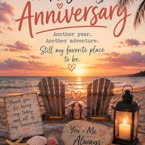 May include: An anniversary card with a beach sunset scene. The card features the words "Happy Anniversary" and other loving sentiments. Two wooden chairs face the ocean, with a lit candle lantern and decorative seashells.