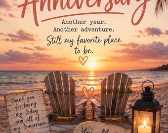 Biglietto d'auguri romantico per anniversario al tramonto sulla spiaggia, auguri d'amore in riva al mare (download immediato)
