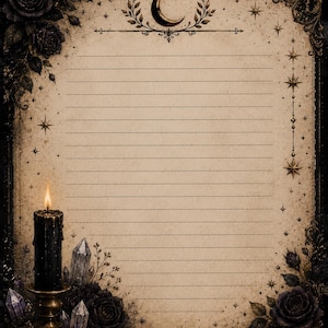 May include: Lined paper with a vintage design, featuring a black candle with a lit flame, crystals, and dark roses. The top border has a crescent moon and stars, with decorative corners. The paper has a parchment-like appearance.