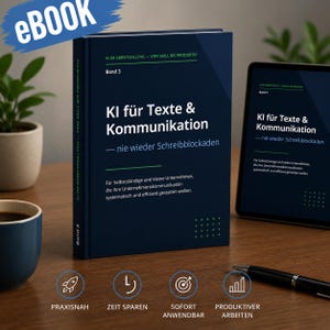 Op de afbeelding: Een donkerblauw boek en tablet met de titel "KI für Texte & Kommunikation" en de ondertitel "- nie wieder Schreibblockaden." Het woord "eBOOK" staat linksboven. Een blauwe mok en een pen zijn ook zichtbaar op een houten oppervlak.