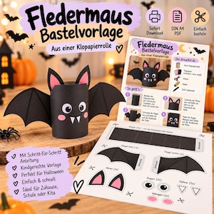 Puede incluir: Un kit de manualidades de murciélago que incluye un murciélago hecho con un rollo de papel negro, orejas con interior rosa, ojos blancos y colmillos. El set contiene una hoja de instrucciones con diagramas y plantillas para recortar.