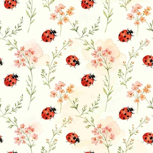 May include: A repeating pattern of red ladybugs with black spots, interspersed with watercolor illustrations of pink and orange flowers and green leaves on a cream background. The design has a soft, whimsical feel.