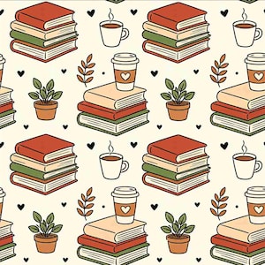 May include: A repeating pattern featuring stacks of books in shades of red, green, and beige, alongside coffee cups, to-go coffee cups with heart designs, potted plants, and sprigs of leaves, all set against a cream background with black heart accents.