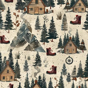 May include: A repeating pattern on a light beige background featuring illustrations of wooden cabins, dark green pine trees, jagged gray mountains, and red hiking boots. The design includes small black dots and smoke rising from chimneys.