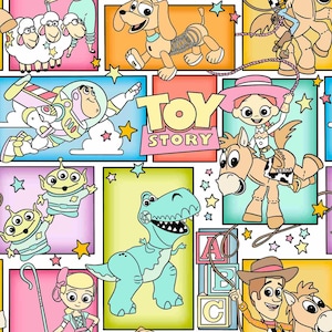 May include: A vibrant cartoon pattern showcasing characters from "Toy Story." The design includes Woody, Buzz Lightyear, Jessie, Rex, Slinky Dog, and the Little Green Men, set against a backdrop of stars and colourful blocks. The words "Toy Story" are also visible.