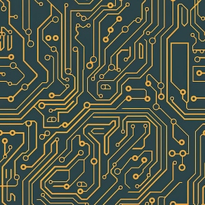May include: A seamless digital pattern featuring a dark charcoal grey background with intricate, interconnected orange circuit board lines, nodes, and pathways that create a complex, technical, and geometric electronic schematic design.