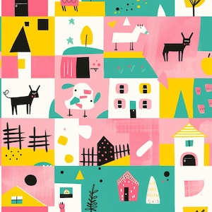 Tessuto con animali del villaggio, tessuto con piastrelle geometriche, tessuto con cartoni animati per bambini, tessuto con casetta, tessuto con albero, tessuto giallo, tessuto 100% cotone venduto a mezzo metro