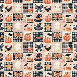 May include: A repeating pattern of square tiles featuring Halloween motifs including smiling ghosts, orange pumpkins, black witch hats, plaid bows, bats, candy corn, and stars on backgrounds of black and white buffalo check or solid light pink.