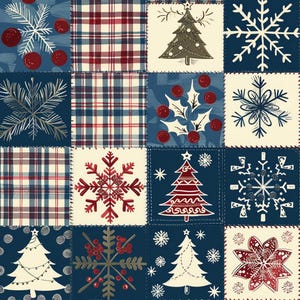 May include: A patchwork fabric design featuring a grid of squares with holiday motifs including red and white plaid, cream-colored Christmas trees, dark blue backgrounds with white snowflakes, red berries on pine branches, and holly leaves.