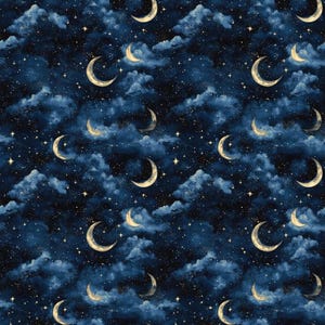 Night Sky Moon Star Fabric, Cloud Crescent Print Cotton Fabric, Width 140cm /55" (1/2 yard - Continuous Cut)