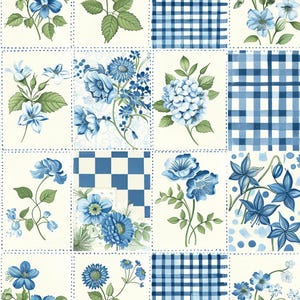 May include: A fabric pattern featuring a grid of squares containing various blue floral illustrations, blue and white checkered designs, and blue gingham patterns. The flowers include hydrangeas, daisies, and bell-shaped blossoms on stems.