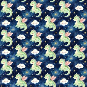 May include: A repeating pattern featuring light green dragons with pink wings, white clouds, and gold stars on a dark blue background. The dragons have a friendly expression and are surrounded by a starry night sky.