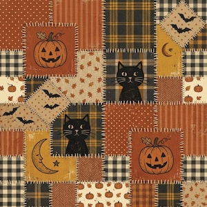 May include: A patchwork fabric design featuring alternating squares of orange, black, and cream patterns. The print includes illustrations of jack-o'-lanterns, black cats, crescent moons, bats, and autumn leaves, all connected by white faux stitching.