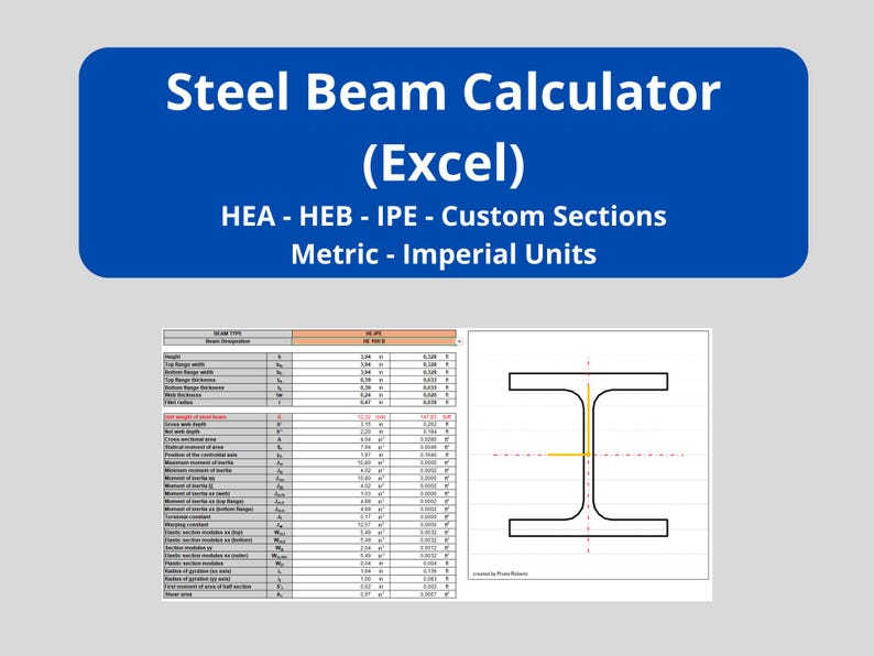 Steel Beam Calculator Excel - HEA HEB IPE and Custom Section Properties ...