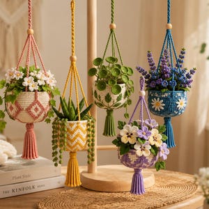 Conjunto de 5 padrões de crochê para cestos suspensos de plantas - Volume 1 | Suporte para vaso de flores estilo macramê em PDF | Capa para vaso estilo boho | Download digital