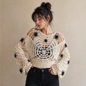 Patrón de top de telaraña a crochet en PDF, patrón de suéter de malla para Halloween, camisa gótica a crochet, top para festivales, jersey de telaraña DIY