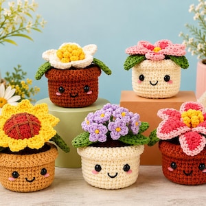 Blossom Harmony Crochet Patterns Bundle | Pink Lily Flower Pot, Sunflower Pot, Camellia Flower Pot, Orchid Flower Pot, Flower pot pattern