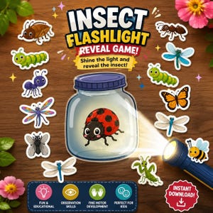 Insect Flashlight Reveal Game | Preschool and Kindergarten Activity | Printable PDF | A4 Bug Learning Worksheet | Instant Download